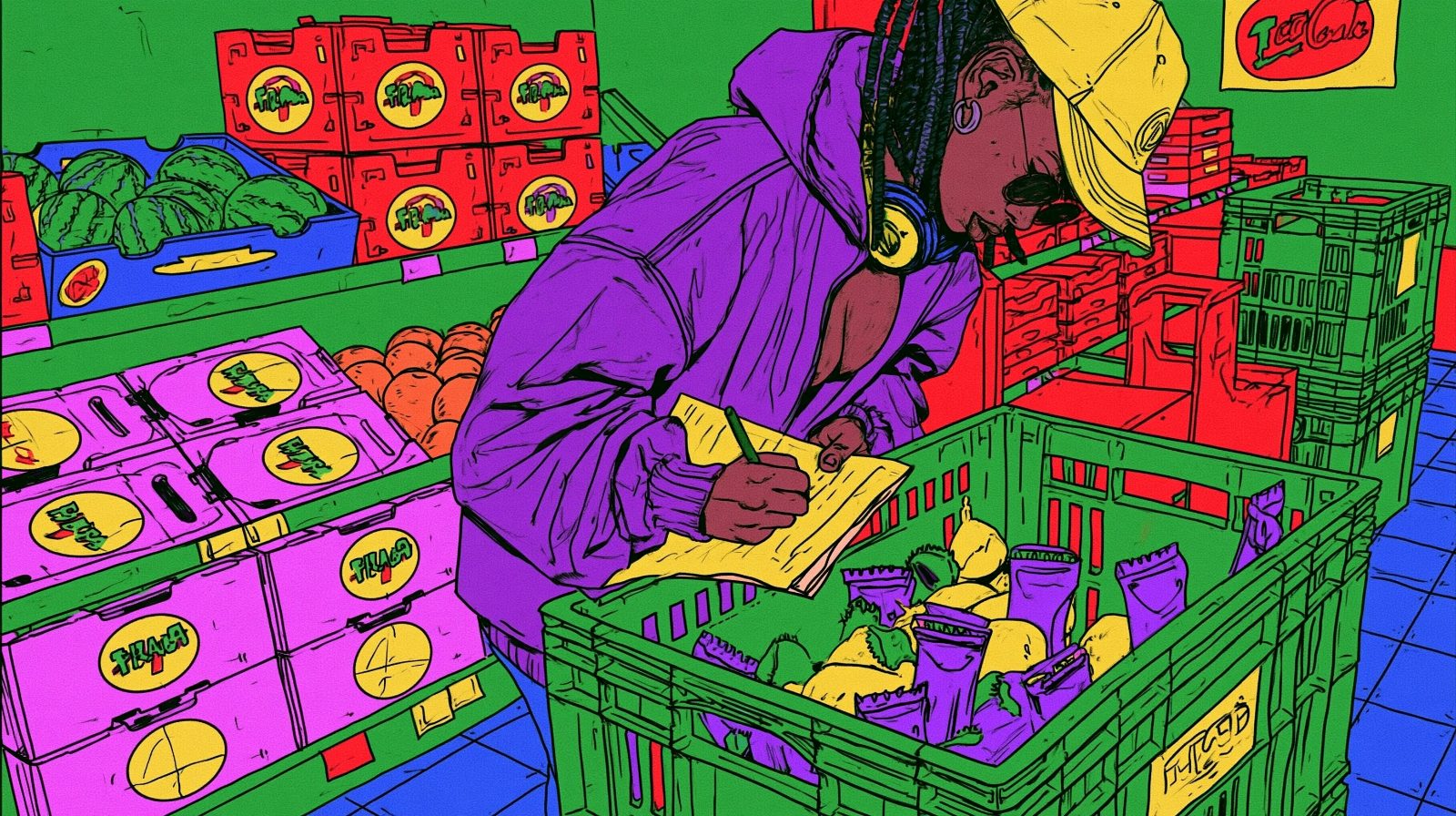 A shopper packs the crate and checks it against the list